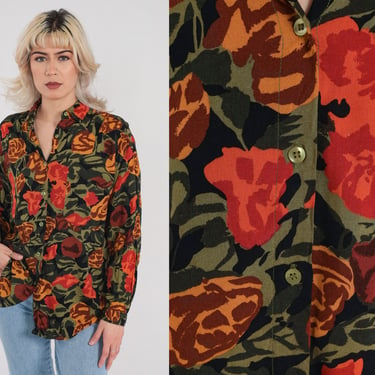 90s Floral Blouse Abstract Rose Print Rayon Button Up Shirt Boho Pattern Long Sleeve Collared Top Green Orange Yellow 1990s Vintage Medium M 