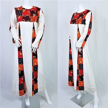 1970's Ivory Patchwork Long Cotton Caftan Dress I Kaftan I Tunic I Pakistan I Hippie I Festival ISz Med 
