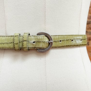 green leather belt | 90s vintage lime green skinny alligator leather belt 