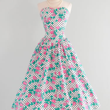 Adorable 1980's Rose Buds &amp; Polka Dots Strapless Garden Party Dress / Sz M