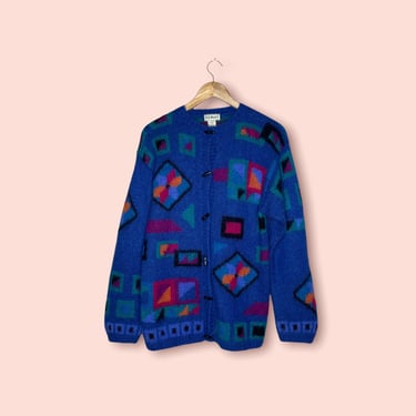 Vintage LL Bean Blue 80's Memphis Style Geometric Mohair Cardigan Sweater, Medium 