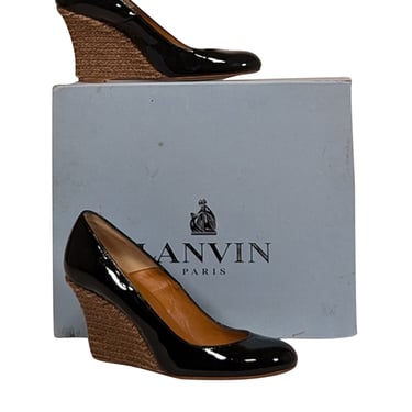 Lanvin - Black Patent Leather Espadrille Wedges Sz 8