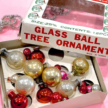 VINTAGE: 18pcs - Miniature Glass Ball Tree Ornaments - Laurel Box - Small Ornaments - 