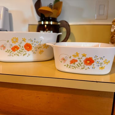 Set of 2 Vintage 1980s Corning Ware Bake-n-Serve Dish Wildflowers 