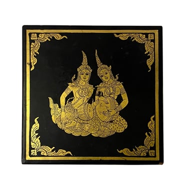 Black Golden Thai Lady Graphic Square Storage Accent Box ws2639E 