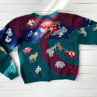 cute cottagecore sweater | 80s 90s vintage SKYR green wool Noah's Ark animal novelty streetwear aesthetic embroidered cardigan 