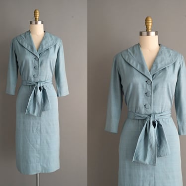vintage 1950s Blue Silk Dress - Size Large 