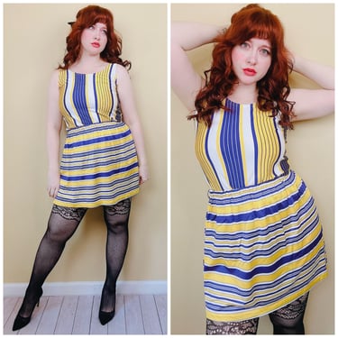 1960s Vintage Poly / Acetate Striped Skirt Set / 60s Mod Yellow and Purple Mini Skirt and Tunic / Medium 