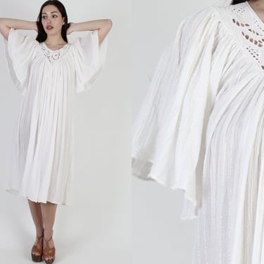 White Gauze Dress Kimono Angel Sleeve Dress, Vintage Caftan Poolside Outfit, Crochet Beach Coverup Mini Midi 