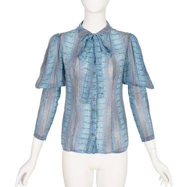 Jean Muir 1970s Vintage Blue Snakeskin Print Silk Chiffon Juliet Sleeve Blouse Sz XS S 