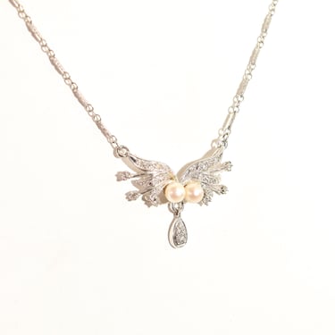 Estate 14K White Gold Pearl Diamond Lavaliere Necklace, 2-Pearl Diamond Spray Pendant, Fancy Link Chain, 18 1/2