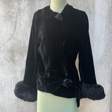 Vintage 1930s Black Silk Velvet Blouse Voluptuous Fur Cuffs Deco Dress Jacket
