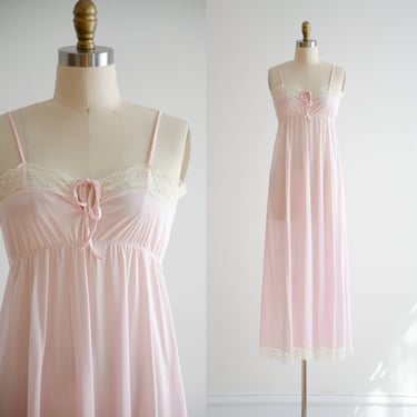 pink lace nightgown 70s vintage pastel pink long nightgown 