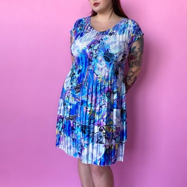 Y2K Blue Plisse Watercolor Dress, sz. M-3XL