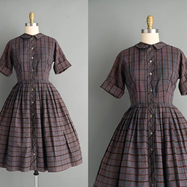 vintage 1950s Brown Plaid Print Cotton shirtwaist dress | Large 