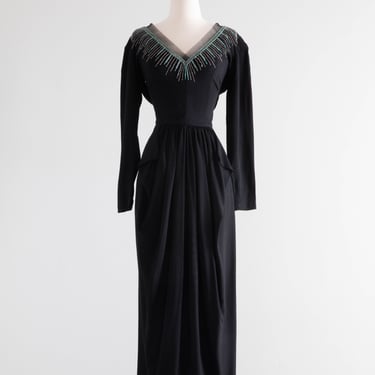 Dramatic 1940's Ceil Chapman Black Rayon Beaded Evening Gown / ML