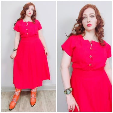 1980s Vintage Two Potato Red / Salmon Fit and Flare Dress / 80s Cotton Cap Sleeve Tea Length Dress / Small - Medium 