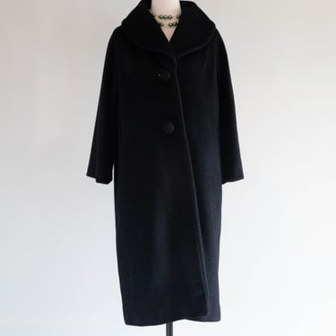 Gorgeous 1950's Black Cashmere Lilli Ann Cocoon Coat With Buttons / ML