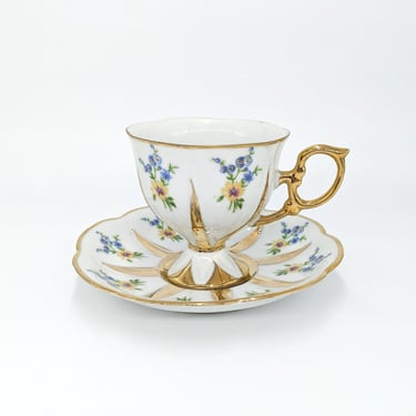 Shafford Hand Decorated Pedestal Teacup + Saucer 