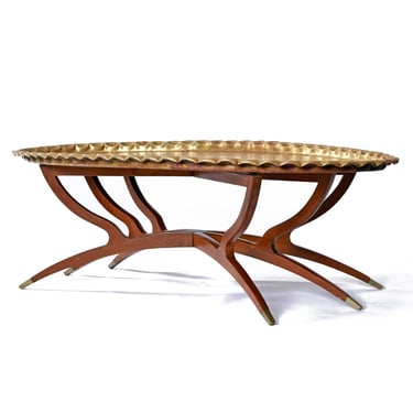 Mahogany Spider Leg Base Boho Moroccan Style Brass Tray Coffee Table 