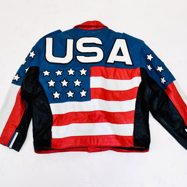 Mens Vintage Black Leather Motorcycle Jacket USA American Flag LA ROXX// Vintage Mens Leather Jacket Biker America Jacket L.A. Roxx 