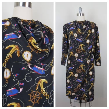 Vintage 1980s silk dress, novelty print, nautical, sailor, size 8 