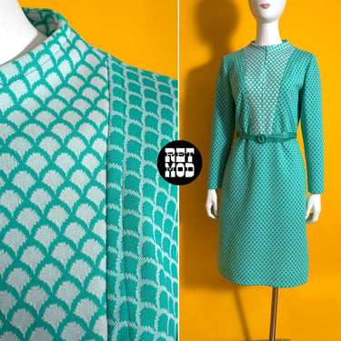 Unique Vintage 60s 70s Mint Turquoise Scale Pattern Long Sleeve Knit Mod Dress 