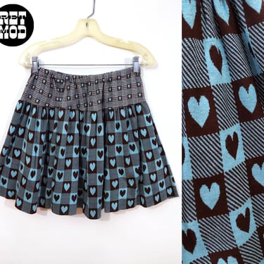Cute Vintage 70s Blue & Brown Big Heart Mini Skirt 
