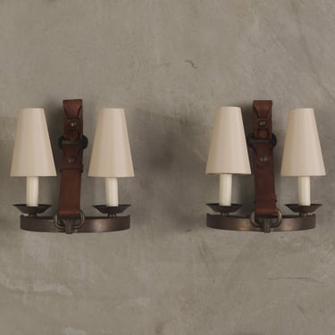 PAIR OF FRENCH LEATHER AND IRON SCONCES