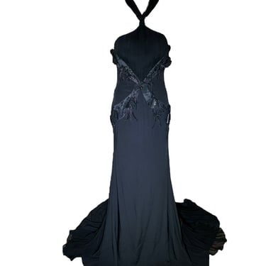 Lorena Sarbu Attributed Black Cross-Neck Chiffon Gown with Feather Accents & Shawl