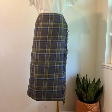 Vintage 90s Blue & Green Plaid Fringe Trim Wrap Midi Skirt Size 12 USA 