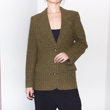 vintage 90s les copains moss green wool tweed houndstooth single breasted blazer jacket 