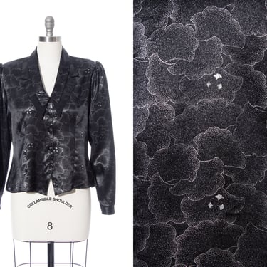 Vintage 1980s Blouse | 80s Floral Clouds Pointillist Metallic Printed Wet Look Black Satin Long Sleeve Button Up Top (medium/large) 
