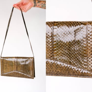 Vintage 80s Chocolate Brown Snakeskin Hidden Clasp Envelope Shoulder Bag | 100% Genuine Snakeskin | 1980s Designer Bohemian Chic Snake Purse 