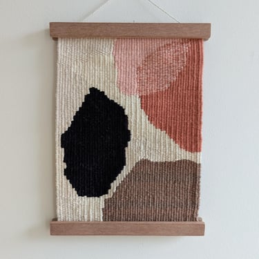 Abstract Wall Weaving / Hanging - Black, Cream, Rust Red, Pink - Modern Woven Tapestry in Wooden Holder - Handwoven Weave - Textile Art 