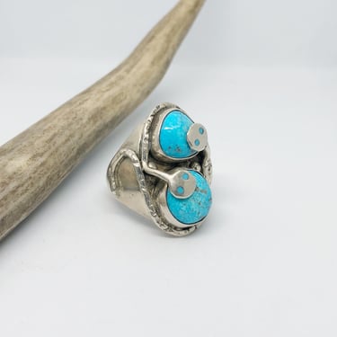 SLITHER ON Zuni Silver Ring | Two Turquoise Stones & Sterling Native American Jewelry | Jude Candelaria, Effie Calavasa Grandson | Size 11 