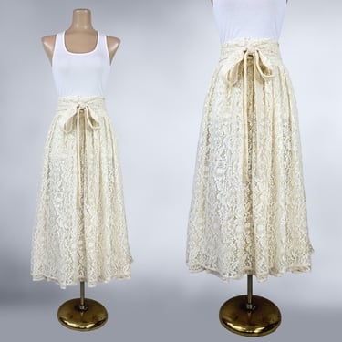 VINTAGE 80s Ivory Lace Bow Waist Skirt By Lorrie Kabala 29 Waist | 1980s Cottagecore Prairie Skirt | VFG 