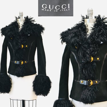 2000s Vintage Gucci Black Suede leather Shearling Jacket Coat 38 XS Small Black Fur Jacket Coat Gucci Motorcycle Shearling Jacket XS Small 