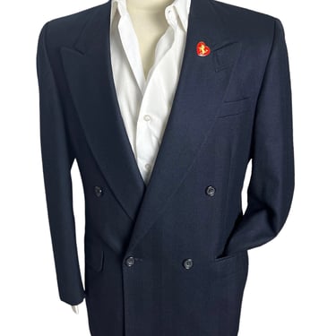 Vintage Wool Double-Breasted Navy Blazer ~ size 38 R ~ Herringbone ~ jacket / sport coat ~ Evan Picone 