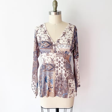 SIZE S Vintage Sheer Y2K Patchwork Blouse - Mesh V Neck Split Hem Blouse - Second Skin Sheer Mesh Top 70s Boho Style 