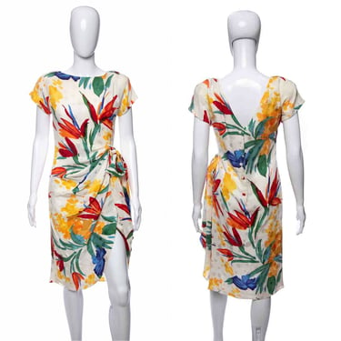 1980's Oscar de la Renta Ivory and Multi Floral Print Silk Garden Dress Size M