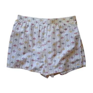 Vintage 70s Geometric Print Shorts, 1970s Lightweight Cotton Swim Trunks, Nylon Lined Cabana Shorts, Waist 41