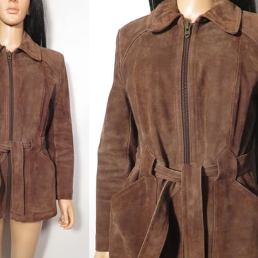 Vintage 70s Sears Jr Bazaar Super Warm Chocolate Brown Suede Zip Up Jacket With Faux Fur Lining Size XS/S 