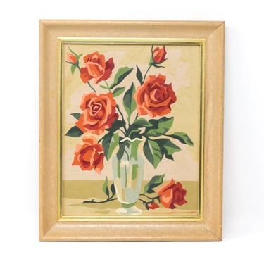 Vintage Paint By Number Roses Artwork, Framed Original Oil Painting 