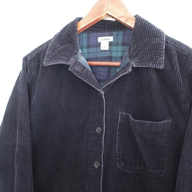 corduroy shirt / LL Bean shirt / 1990s LL Bean black plaid lined corduroy button up long sleeve shirt Small 