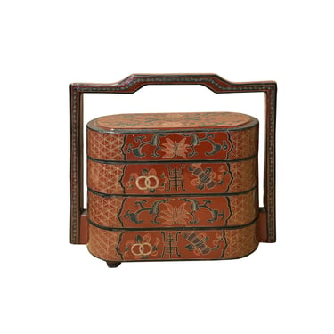 Chinese Brick Red Lacquer Color Treasure Graphic Stack Box Basket ws3893E 