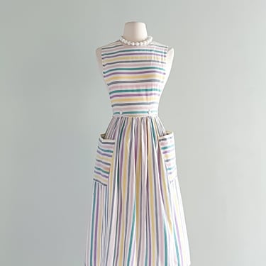 Summer in Capri 1980's Pastel Striped Apron Style Dress / Sz XS