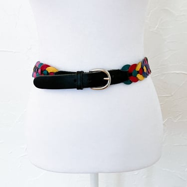 90s Rainbow and Black Genuine Leather Linked Circle Belt with Silver Buckle | Small/Medium/27