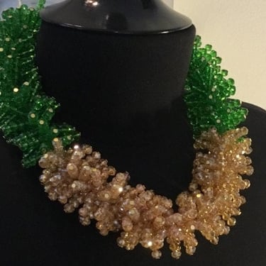 Lucite Beaded Statement Necklace Vintage - Designer Costume Jewelry - Green and Gold Choker Necklace 