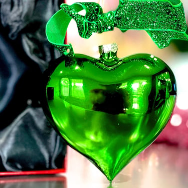 VINTAGE: Green Glass Christmas Heart Ornament In Box - Mercury Ornament - Love - Holiday - Xmas 